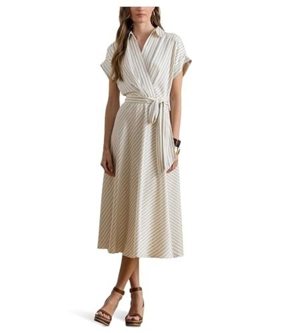 Lauren Ralph Lauren Striped Belted Twill Dress Cream/Blue Size 14 4000 NEWDEFECT